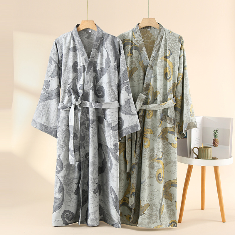 Spring and Autumn Couple High-end Yarn-dyed Pure Cotton Double Gauze Nightgown Men's Mid-length Guofeng Cardigan and Bathrobe