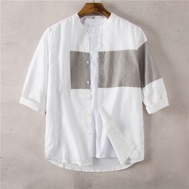 Cross-Border Spring and Summer Three-Quarter Sleeve Linen Shirts for Men, Cotton-Linen Shirts, Large Size Men's Clothing, Trendy and Stylish Tops