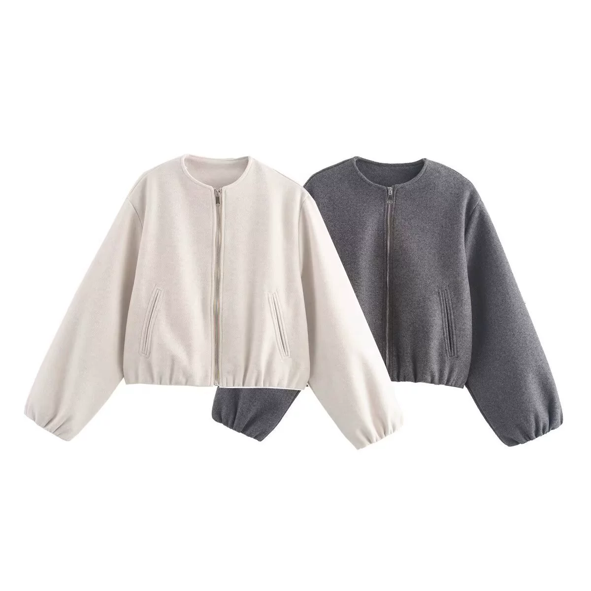 Bomber Jacket, Two-Color Soft Fabric, Autumn 2024, Solid Gray/Dark Gray, Sizes S–L