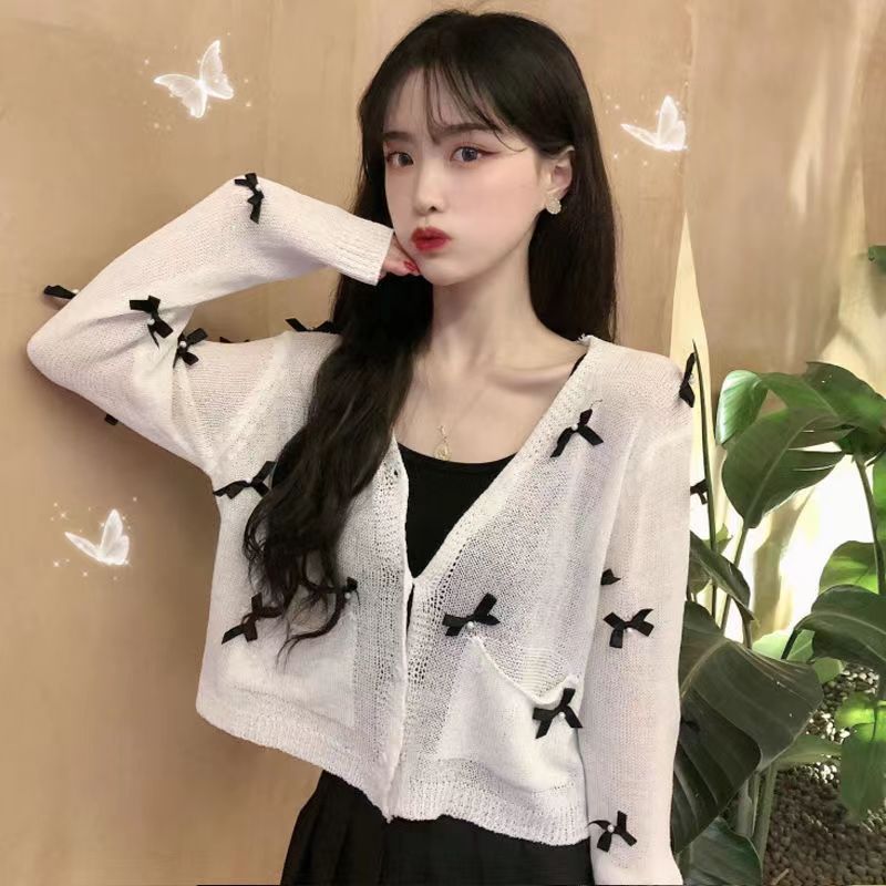 인터넷 인기있는 보우 썬 보호 의류 통기성 작은 카디건 여름 셔츠 여성의 느슨한 짧은 니트웨어 얇은 코트 여성