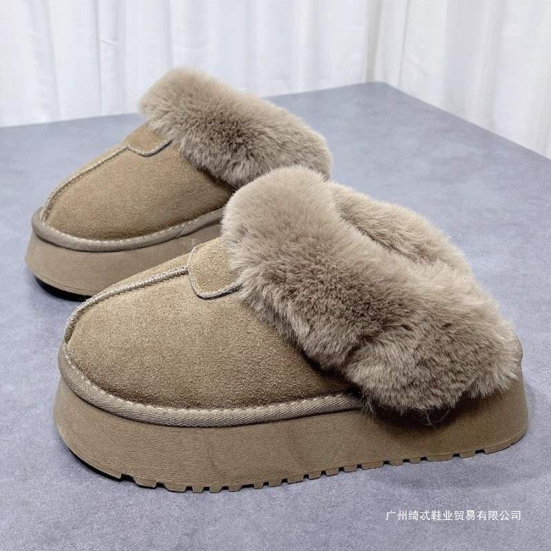 Thick-Soled Snow Boots Slippers for Women 2025 Autumn and Winter New Style Platform-Soled Toe-Toe Heightening Furry Slippers for All Seasons Fleece-Lined Outer Wear