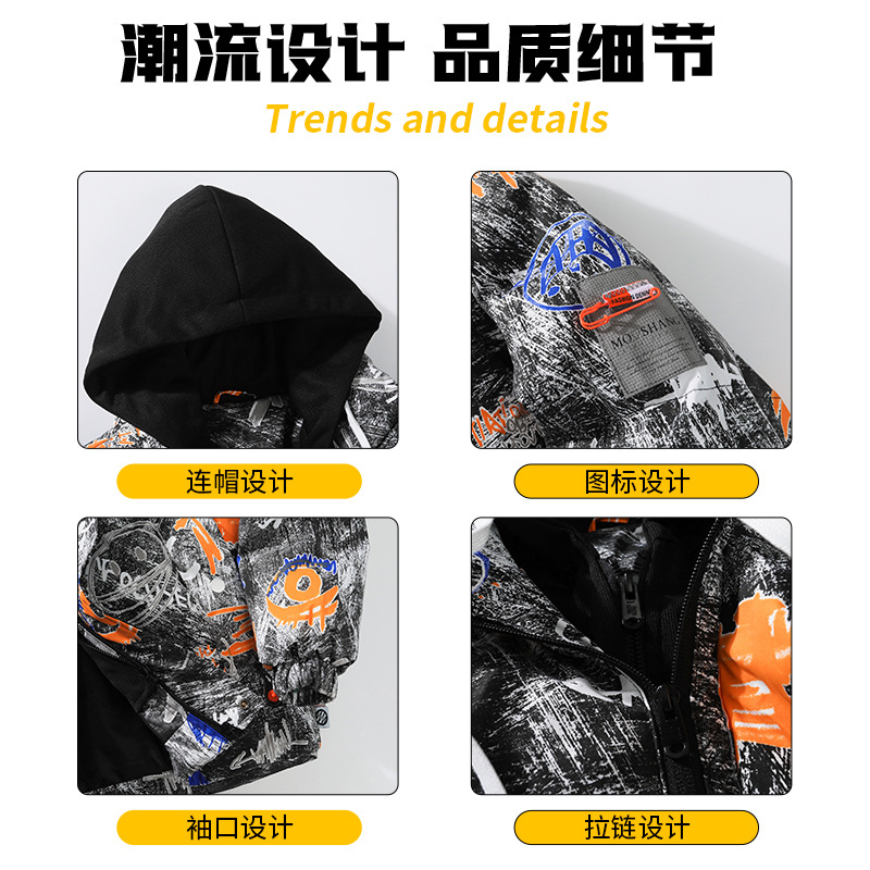 겨울면 패딩 재킷 남성용 트렌디 한 패션 프린트 트레몰로 그래피티 청소년 국가 트렌드 두껍게 면화 패딩 재킷 남성용 미국 홍콩 버전