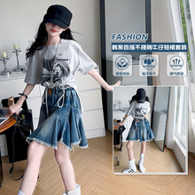 韩版百搭不规则牛仔短裙套装女童2025夏季新款设计感短袖两件套