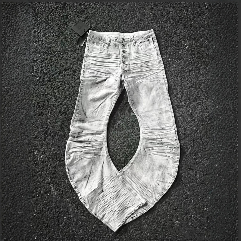 26Ss Distressed Washed Button-Up Jeans with 3D Whiskers and Curved Design, Skinny Gray-White Denim Pants with a Stacked Look for a Taller Appearance