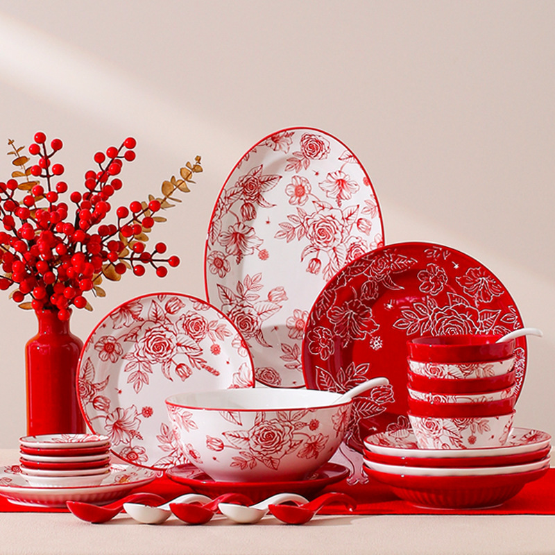 Festive Red Rose Bowl and Dish Set Ceramic Bowl Soup Bowl Household Bowl and Plate Red Gift Box Tableware Plate Bowl Wholesale