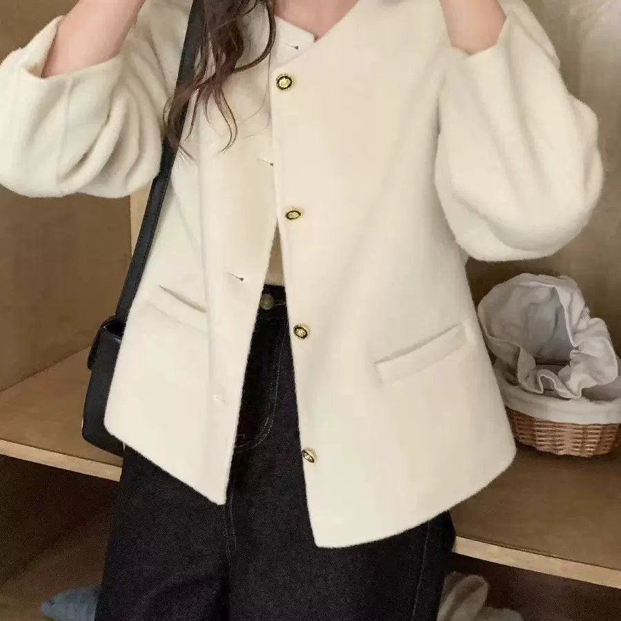 法式减龄小金扣双面羊毛大衣韩系宽松版小个子短款外套女气质款