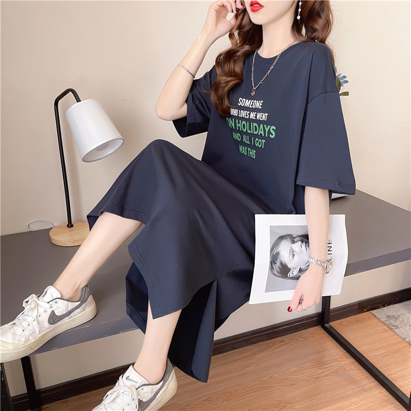 Pure Cotton Short-Sleeve 2026 New Summer Loose Plus-Size Lazy Dress Mid-Length T-Shirt Dress for Women with Slit Ins-Style Dress