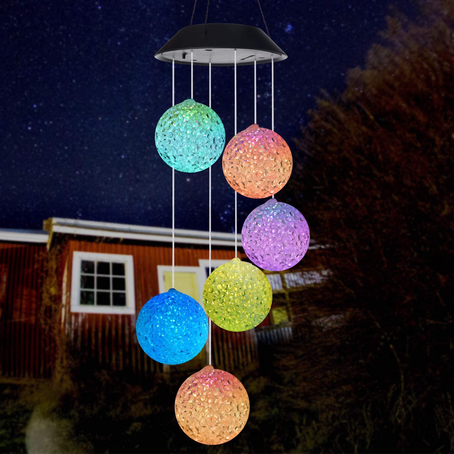 En stock carillón de viento solar luz colorida bola de arroz color cambiante carillón de viento luz Amazon Venta caliente mariposa colorida colibrí carillón de viento