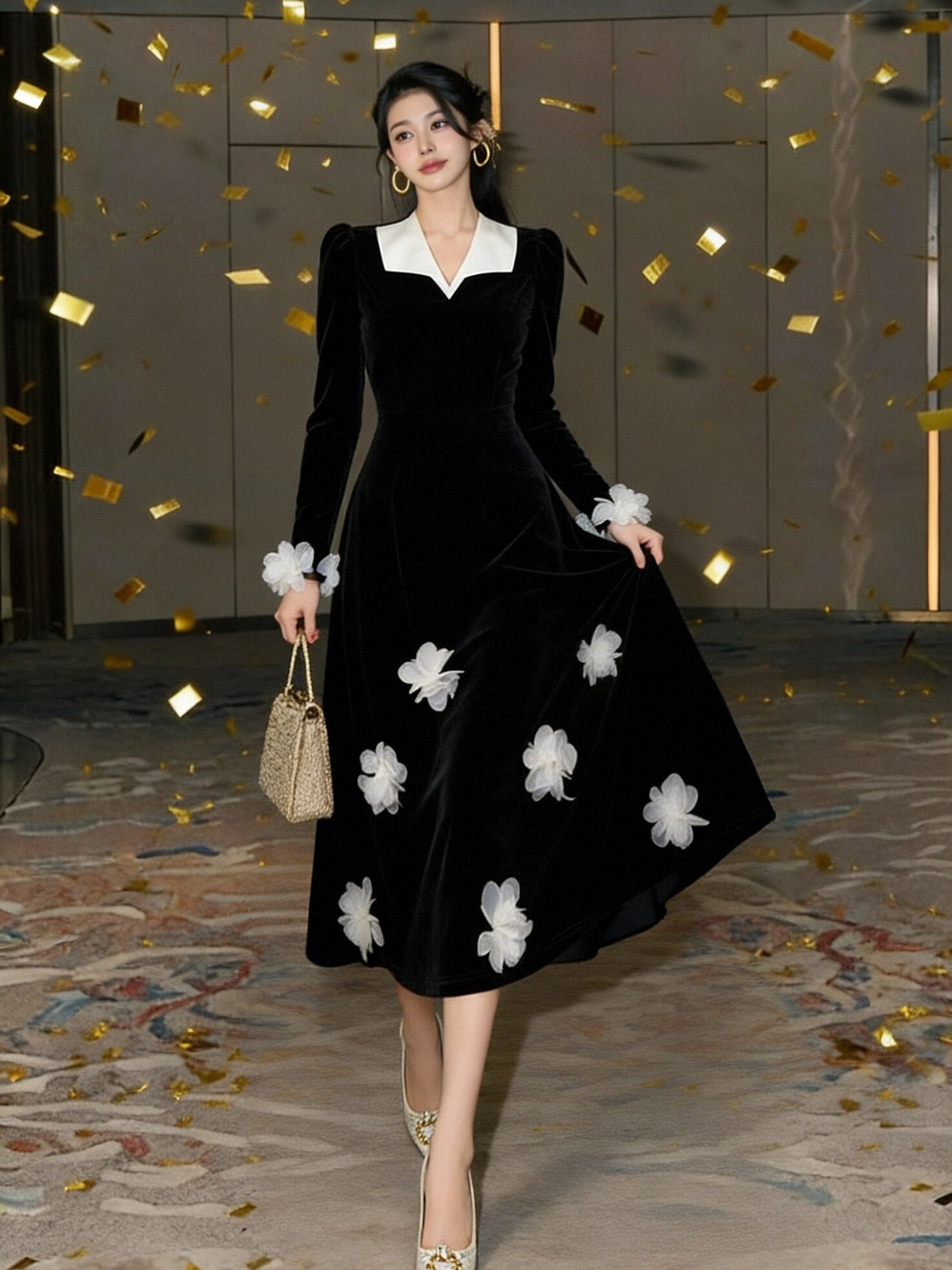 Đầm nhung V cổ thắt eo phong cách Hepburn hoa nổi 3D cổ điển thanh lịch — đen