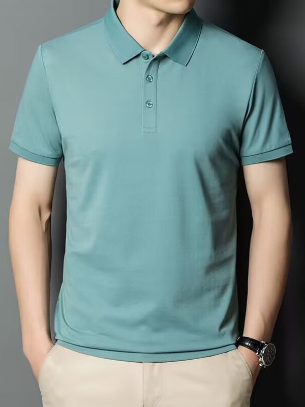 Camisa de polo de comercio exterior de seda de morera Camiseta de manga corta para hombre verano negocios de mediana edad más tamaño solapa color sólido ropa de hombre suelta