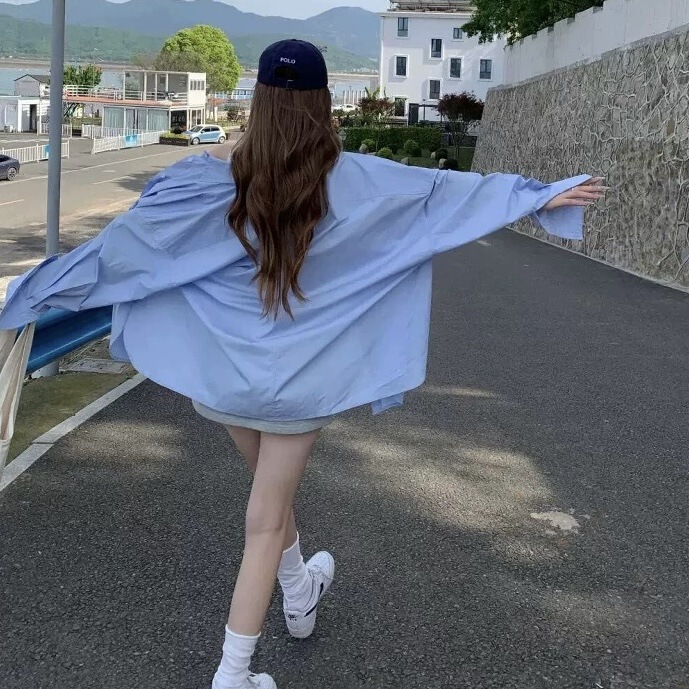 蓝色长袖防晒衬衫女装春秋新款设计感衬衣法式慵懒风宽松上衣外套|undefined