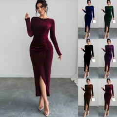 2025欧美跨境秋冬新款扭缝修身显瘦长袖丝绒连衣裙女中长款裙子女