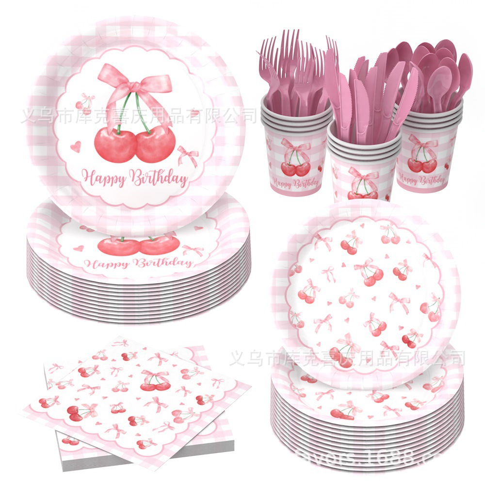 Nuevo arco de cereza tema decoración de fiesta de cumpleaños de niños bandeja de papel tazas de papel toallas de papel set de cubiertos