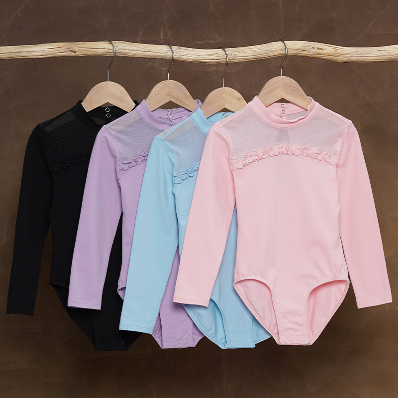 Trajes de baile para niñas y niños, monos de manga larga de primavera y otoño, ropa de práctica de encaje, ropa de ballet, ropa de actuación de red de cuello alto