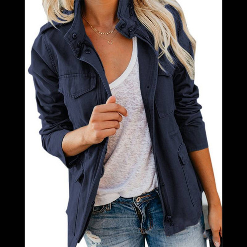 Cross-border foreign spring and autumn slim and fashionable trendy people solid color loose zipper multi-pocket jacket women's jacket W156