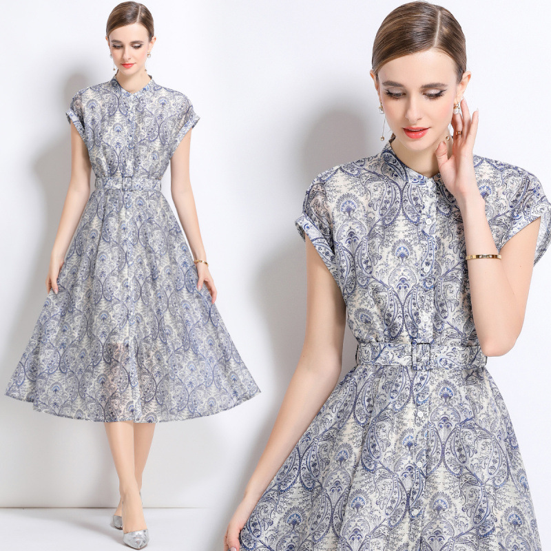 Real Shot of Ready-Made Waist-Cinching Shirt Linen Dress for Women 2025 Summer New Style Printed Mid-Length Skirt with Lining