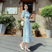 V领夏季短袖法式收腰宝妈复古设计雪纺中长款印花法式收腰裙女生