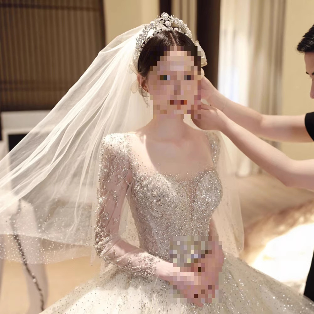 Long-Sleeve Wedding Dress for Brides 2025 New Main Gown with Heavy Texture, Suitable for Pregnant Women, Petite Size, Mesh and Spandex