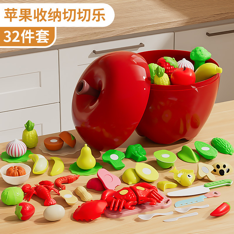 Frutas cortadas y cortadas, cáscaras pelables, juguetes de puzzle para niños, ejercicios cognitivos para bebés, almacenamiento en barril de manzana