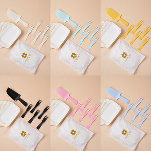 Macaron Color Dinner Plate with Three-tooth Fork suit Children's Birthday Party Plastic Disposable Knife and Fork Plate Cake Tableware