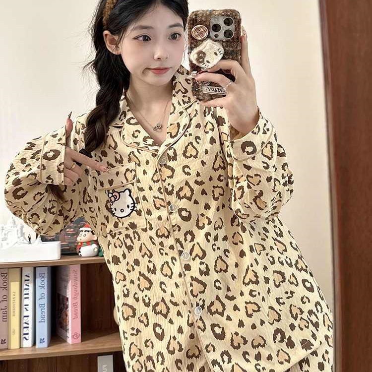 ヒョウ柄ハローキティ猫パジャマ女性春秋新長袖長ズボン日系学生ルームウェア|undefined