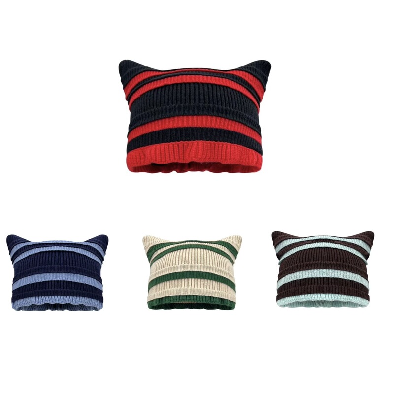 Korean-style color-blocking ruffled cat-ear knitted beanie for women, warm and cold-proof for autumn and winter, makes the face look smaller, versatile woolen hat