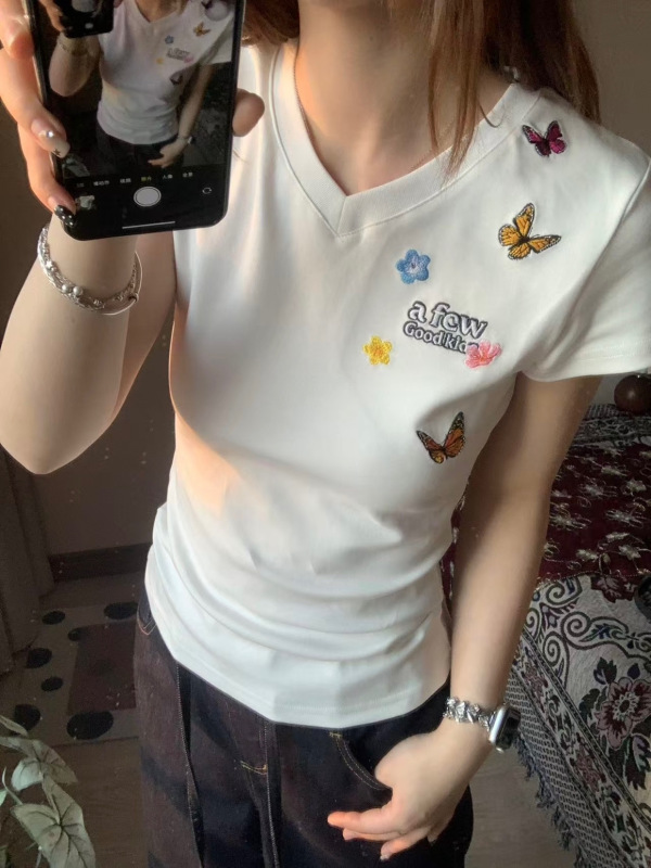 アメリカンサラウンドバタフライ刺繍フラワーカラー半袖シャツ女性用夏スリムフィットホットガールショートショルダートップ|undefined