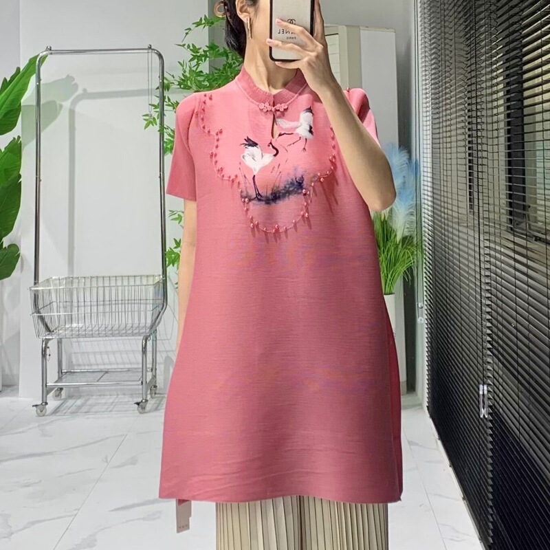 Miyake Pleated Elegant Dress Pink Short-sleeved Modified Cheongsam Design Sense Skirt Summer Mother's Large Size Women