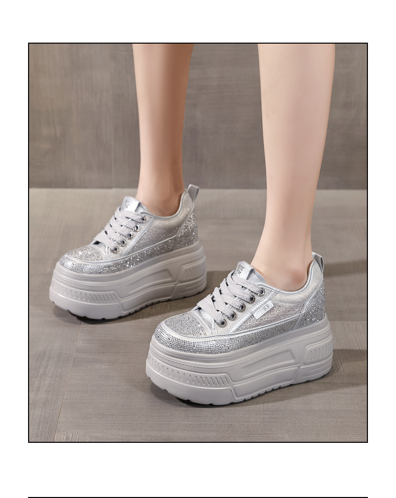 Giày sneaker nữ đế dày tăng chiều cao, phối đá rhinestone trắng, phong cách thể thao — màu trắng chi tiết 16