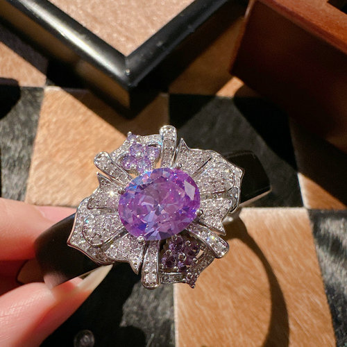 Uruguayan purple flower gemstone ring vintage 18K gold plated Tanzanite amethyst zircon ring necklace