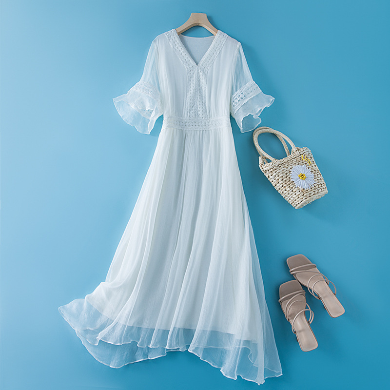 夏季女装真丝连衣裙白色桑蚕丝长款沙滩裙11016