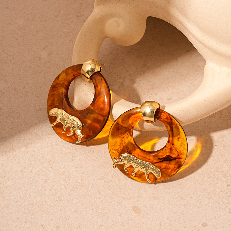 Vintage resin smudge round ring tiger silver needle stud earrings personalized premium earrings_voghion.com