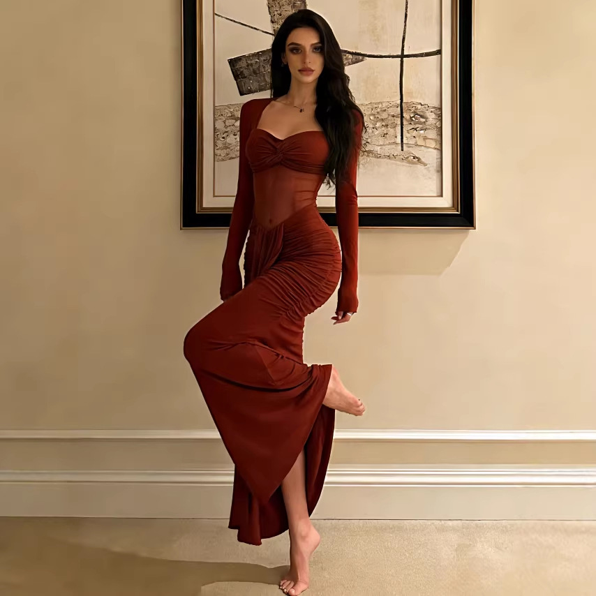 Women's Sexy Mesh Cutout Ruched Bodycon Midi Dress – Slimming Fish Hem Party Gown_ecoleips.com