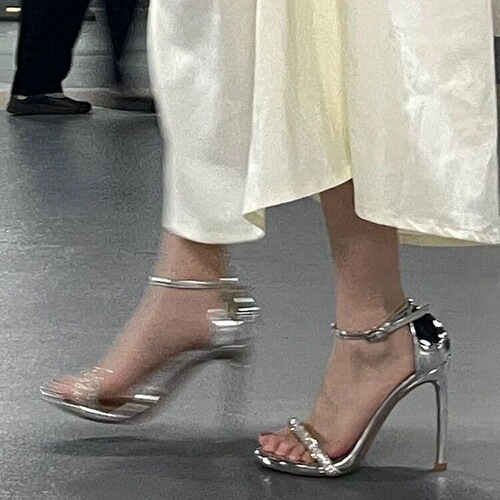 2025 Summer New Silver Painted Leather One Strap Diamond High Heels Women's Slim Heel Sandals Fashion Toe-Show Stunning