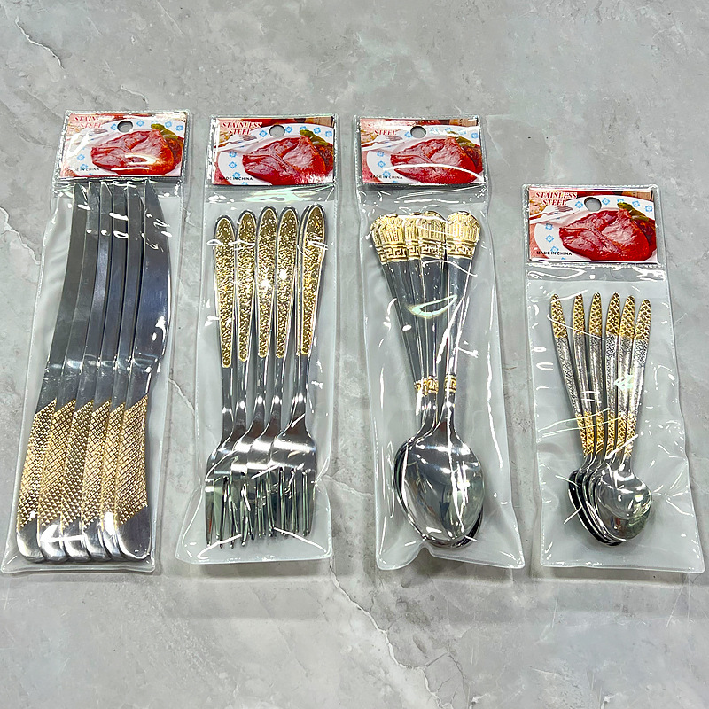 Amazon Cross-Border Stainless Steel Tableware 6-Piece Set Crown Gold-Plated Steak Knife, Fork and Spoon Set Pvc Card Head Bag