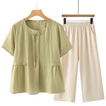 妈妈装夏季新款短袖小个子T恤纯色百搭圆领宽松褶皱遮肚中年上衣