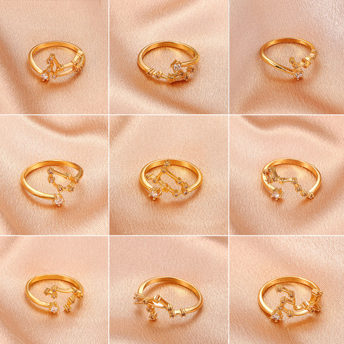 Japanese and Korean Minimalist Twelve Constellation Ring, Instagram Style Creative Fashion Copper Inlaid Zirconia Open Ring, Birthday Gift