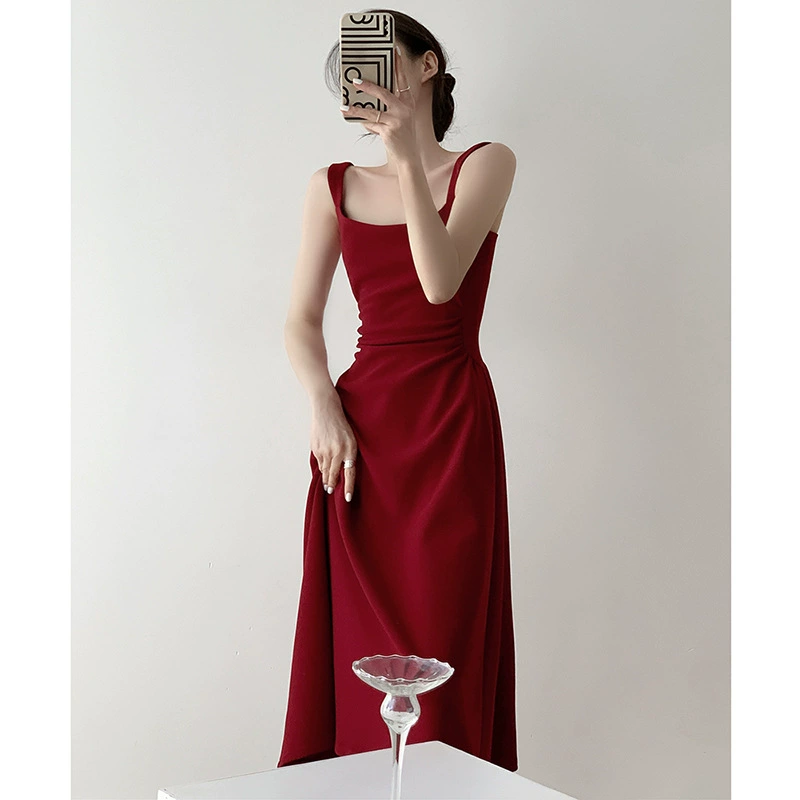 Красное женское платье на подтяжках, летнее французское платье с талией, обручальное платье, красное платье, длинное платье, которое можно носить ежедневно.