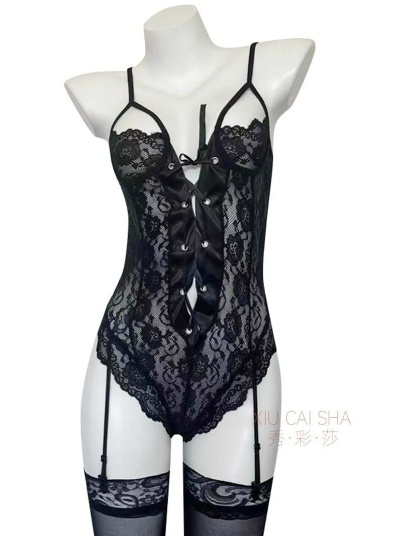 Xiuaisha Lace See-Through Bodysuit with Garters and Red Stockings, Purple-Red Lingerie Set — detail image 20