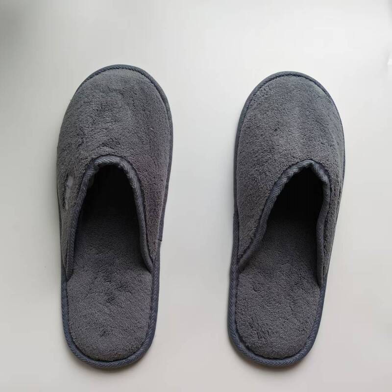 Wholesale Five-Star Export Quality Cork-Soled Gray Coral Velvet Hotel Disposable Slippers Eco-Friendly Palm
