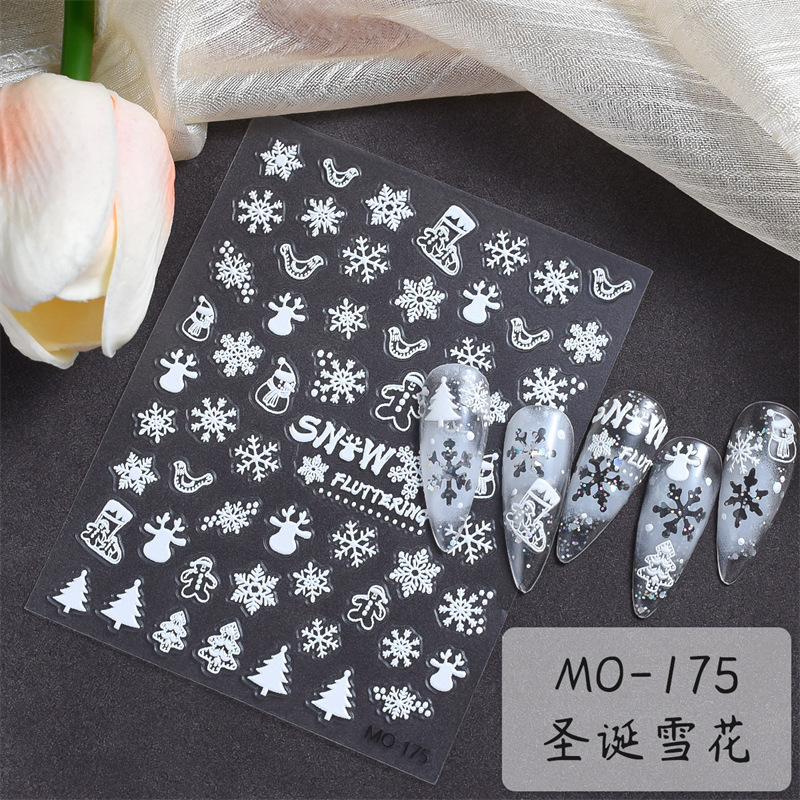 Nueva Navidad hueco copo de nieve uñas alivio pegatinas blanco lindo alzo 3D uñas pegatinas Santa Claus