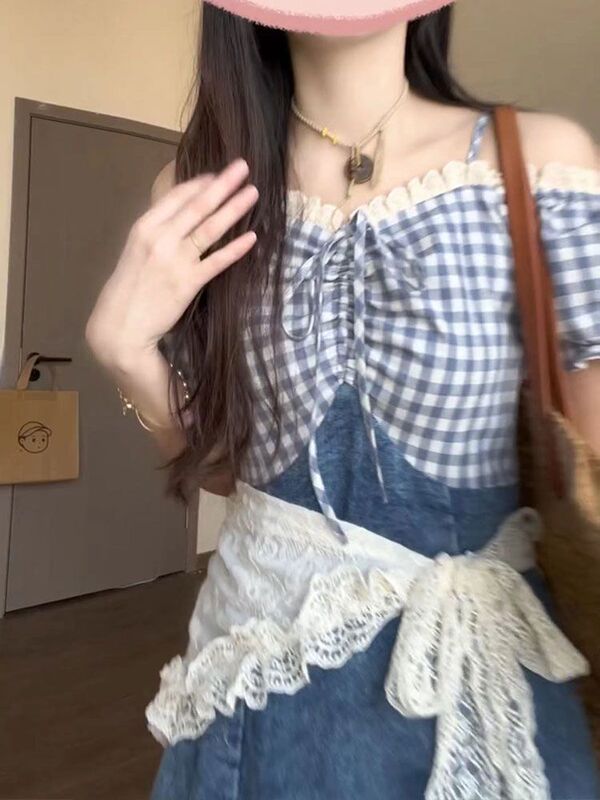フォレストスタイルのレトロで甘いデザインのデニムステッチフェイクツーピースドレス女性の夏の新しい気質痩身ロングスカート|undefined