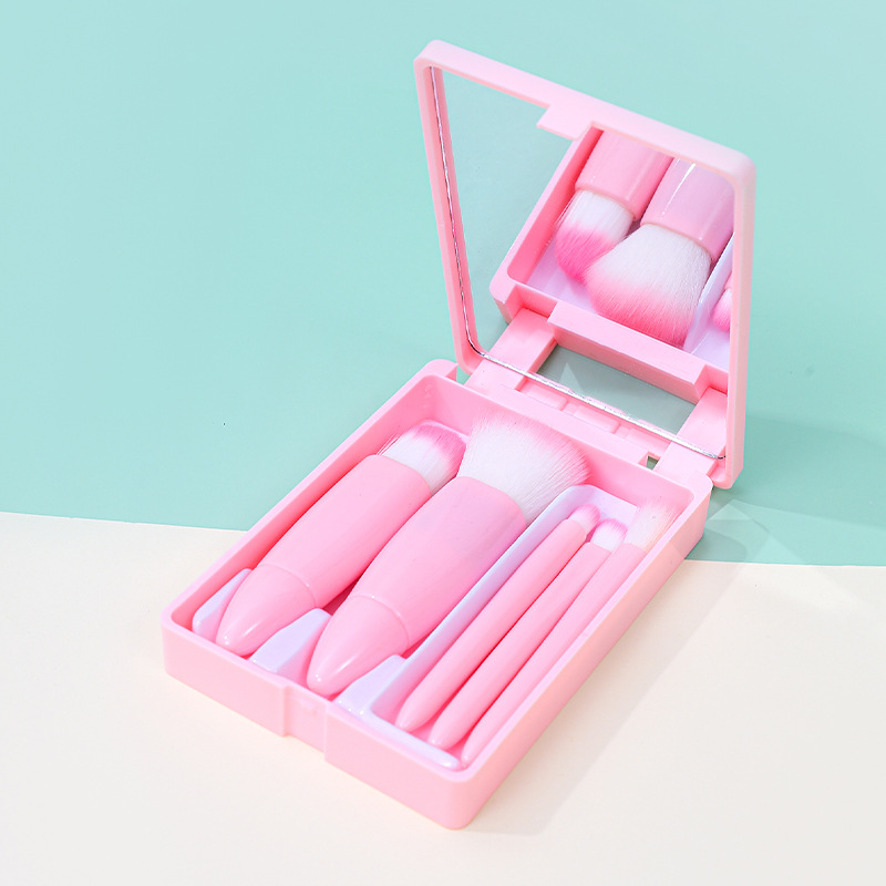 Set de brochas de maquillaje con espejo, 5 brochas, espejo, cerdas suaves, estuche portátil de viaje, brocha para base, brocha para polvos sueltos, brocha para sombras de ojos.