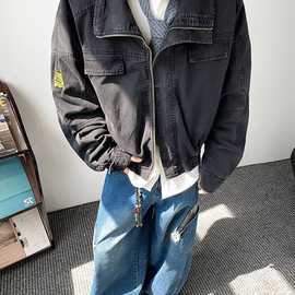 SF/秋冬韩版潮流复古擦色做旧PU机车风皮衣外套男士宽松翻领夹克