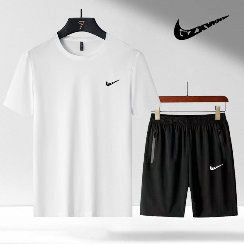 Summer Quick-Drying Ice Silk Short-Sleeved Suit for Men, Round Neck Solid Color T-Shirt, Five-Quarter Shorts, Sports and Casual Men's Suit