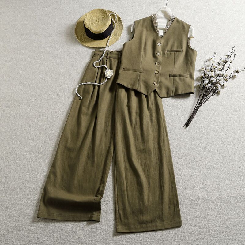 Old Money Style Linen Fashion Set for Women, Relaxed Vintage Minimalist High-End Outfit with Blazer, Vest, and Wide-Leg Pants Old Money Style Linen Fashion Set for Women, Relaxed Vintage Minimalist High-End Outfit with Blazer, Vest, and Wide-Leg Pants