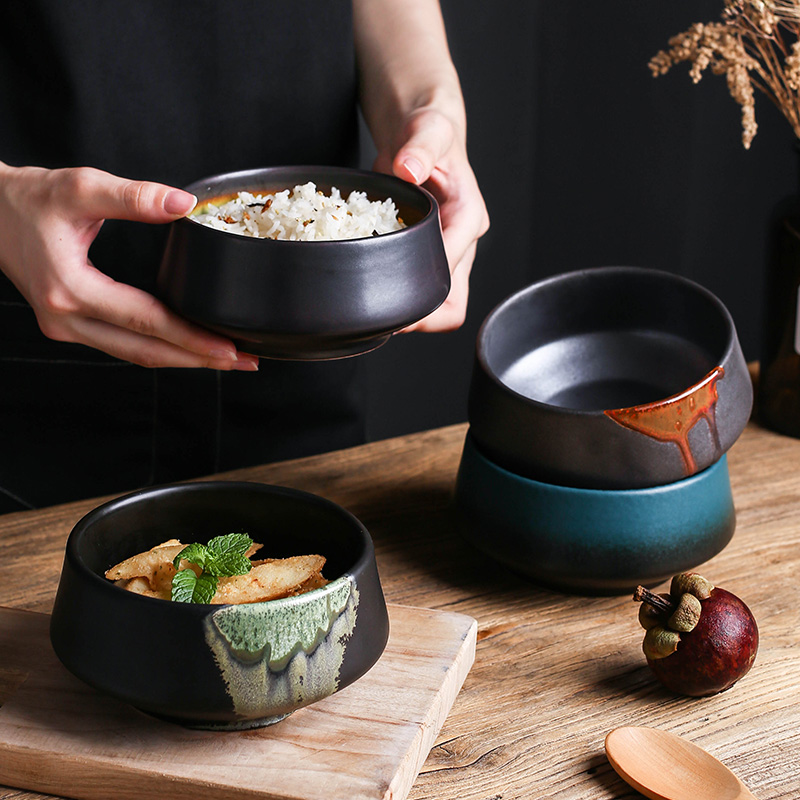 日本特色陶瓷钵 黑色单人碗 米饭碗 汤碗 沙拉高脚碗 料理店餐具