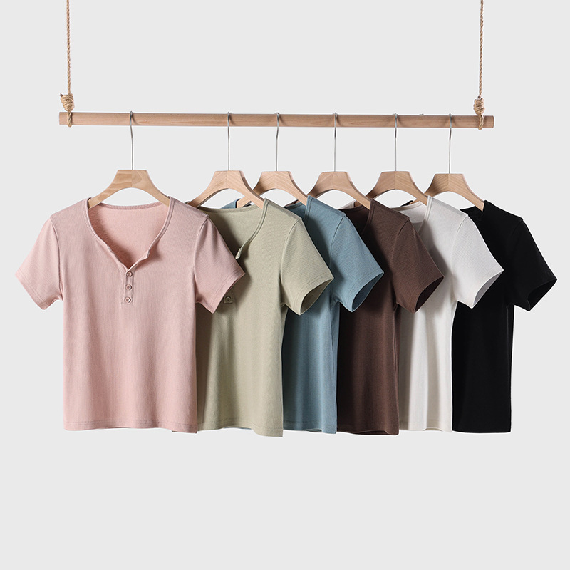 2025 New Summer Right Shoulder Tencel Short-Sleeved T-Shirt for Women Half-Open Collar Design Slim Pure Color Spring Top for Women