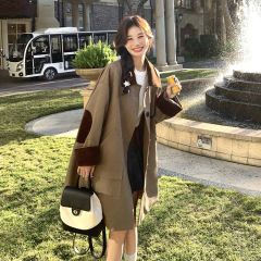 卡其色灯芯绒拼接风衣外套女2025秋季新款韩版宽松休闲中长款大衣