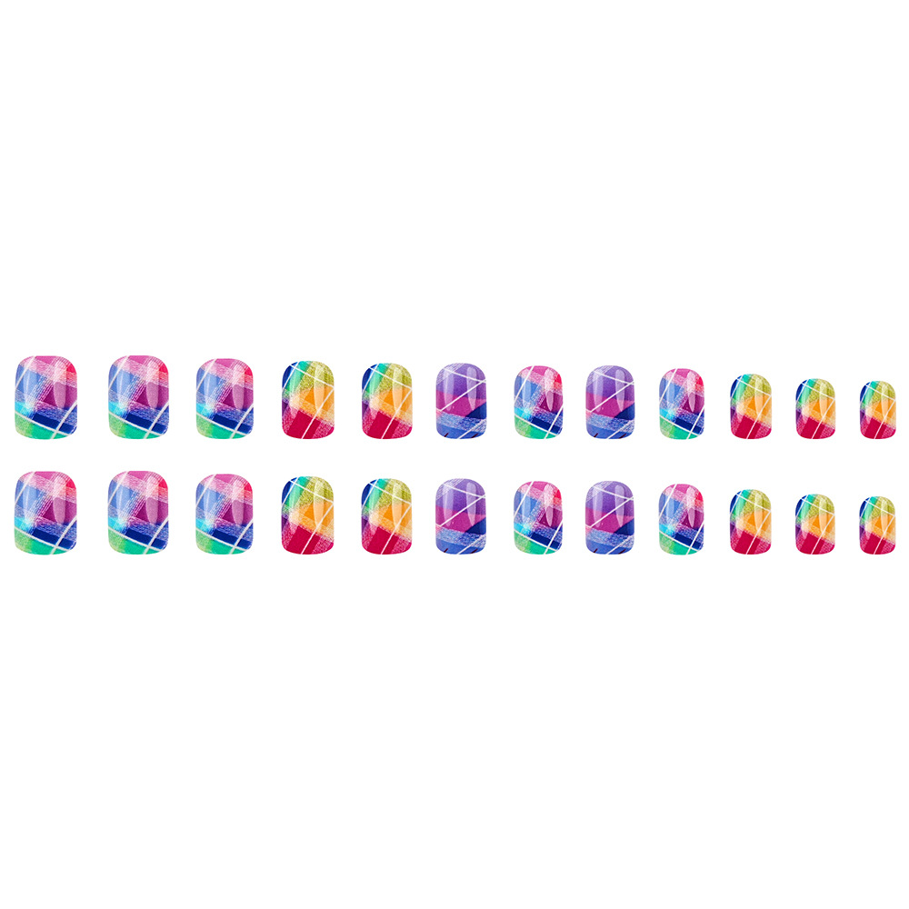 Comercio exterior arco iris cuadrícula gradiente de uñas falsas europeas y americanas 24 piezas de uñas de primavera y verano
